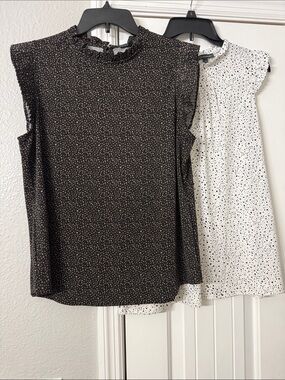 2 Sleeveless Ruffle Neck Dot Print Tops- Black with Tan & White with Black